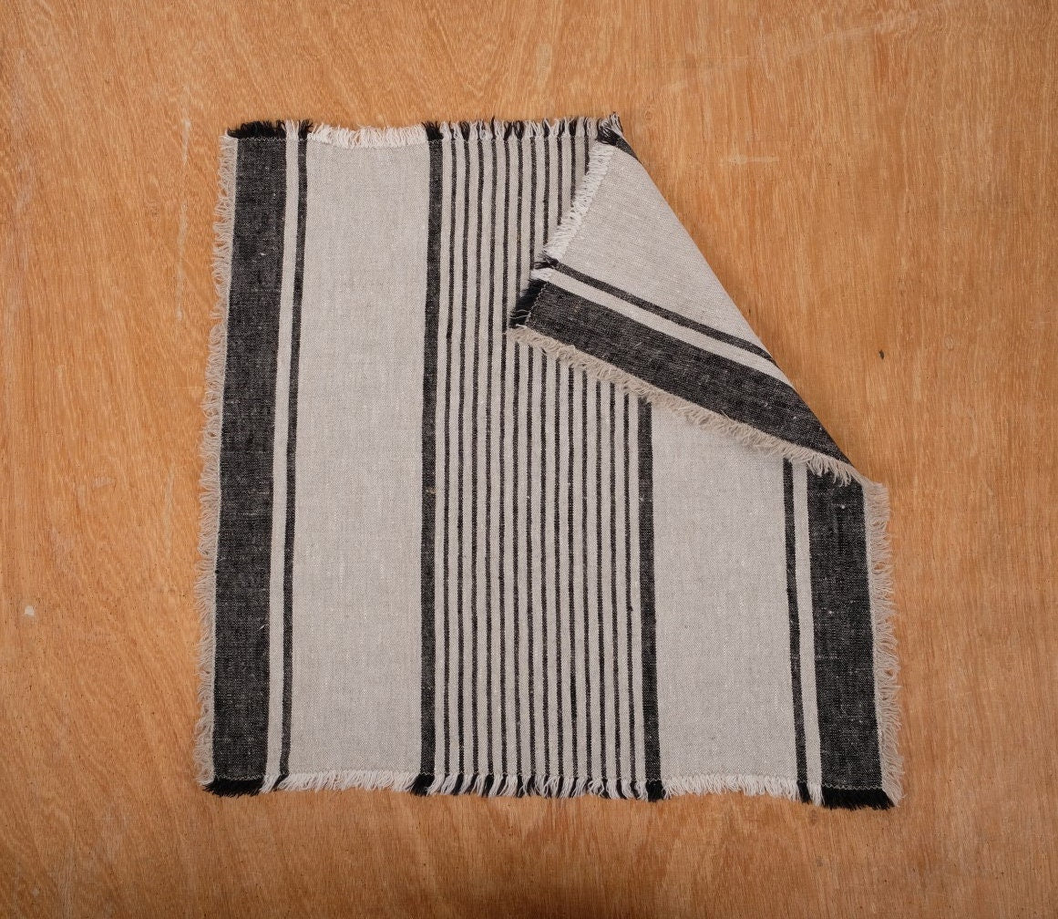 Rustic linen napkins - French grain sack linen stripes Cottage farmhouse country style Set of napkins. Stonewashed flax cloth placemats