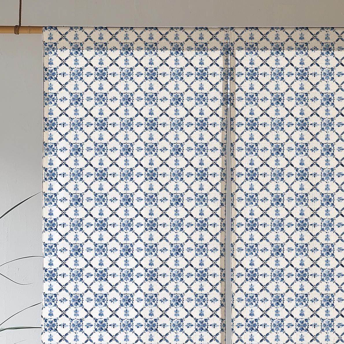 Blue white Linen Noren Curtain - Japanese Linen Noren Panel with Swedish tile print - Japandi Curtain Door Doorway Drape Rod Pocket