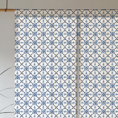 Blue white Linen Noren Curtain - Japanese Linen Noren Panel with Swedish tile print - Japandi Curtain Door Doorway Drape Rod Pocket