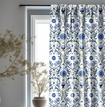French linen Curtain Panels with blue floral print, Curtains for living room or bedroom