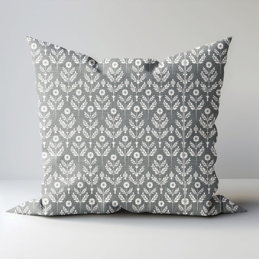 Modern grey linen Floral Pillow Cover, neutral Boho Pillow block print on linen, Coutrynome block printed pillow case in European flax