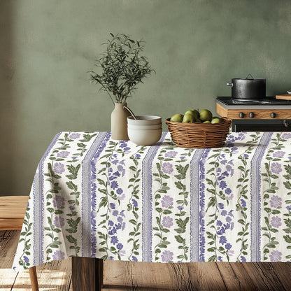 100% Linen tablecloth Heritage floral stripe print PREWASHED - table cloth rustic rectangle square oval - country Sack weave linen flax