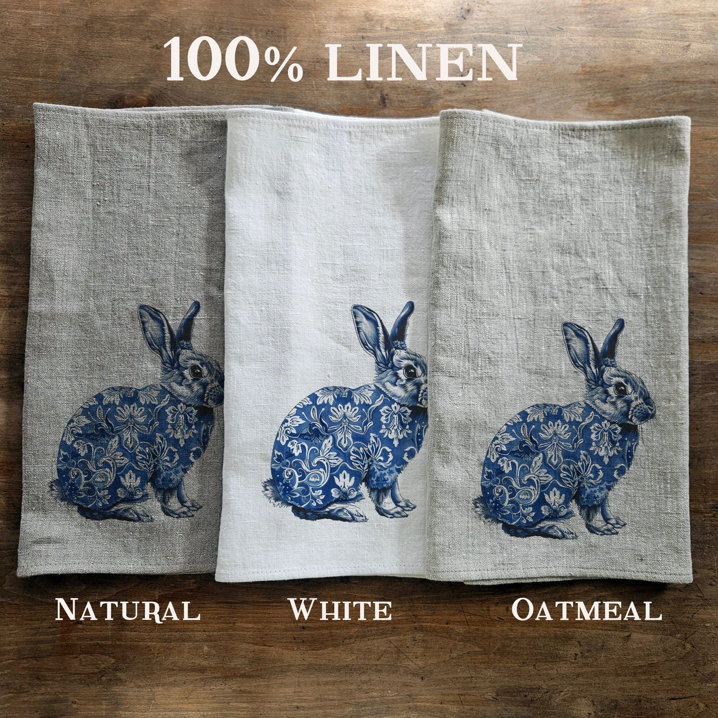Bunny Floral Tea Towel in linen - Blue rabbit Hand Towels Tea - Farmhouse Floral Dish Towel - Kitchen Décor Easter Kitchen Tea Towel