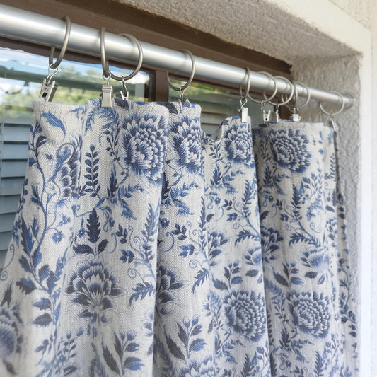 Curtains 100% Linen blue floral PREWASHED. kitchen Living room farmhouse curtains. Grain Sack flax Bedroom window panel in linen