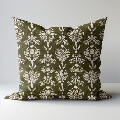 Designer Olive Green Floral on Linen Pillow Cover, Dark Green Boho Pillow, Farmhouse Floral Block printed pillow