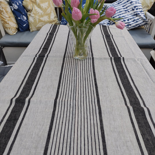 100% Linen tablecloth striped PREWASHED French table cloth rustic rectangle square oval Grey Blue country style Sack weave linen