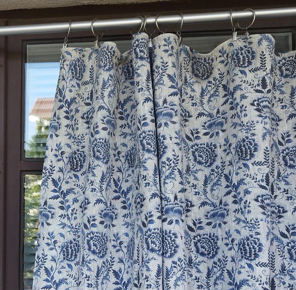 Curtains 100% Linen blue floral PREWASHED. kitchen Living room farmhouse curtains. Grain Sack flax Bedroom window panel in linen