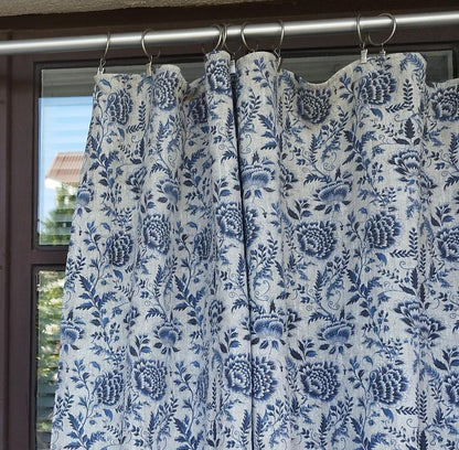 Curtains 100% Linen blue floral PREWASHED. kitchen Living room farmhouse curtains. Grain Sack flax Bedroom window panel in linen