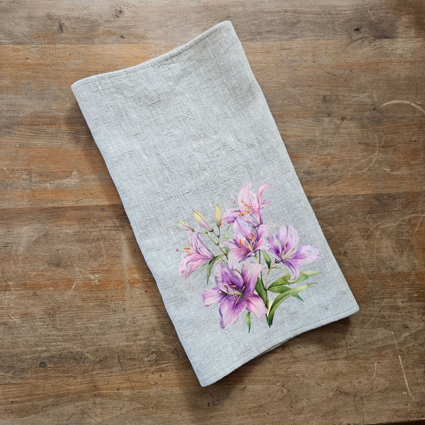 Lilac lilies floral Tea Towel in linen, Botanical purple Hand Towels Tea, Farmhouse lilies Dish Towel,  Kitchen Décor Tea Towel
