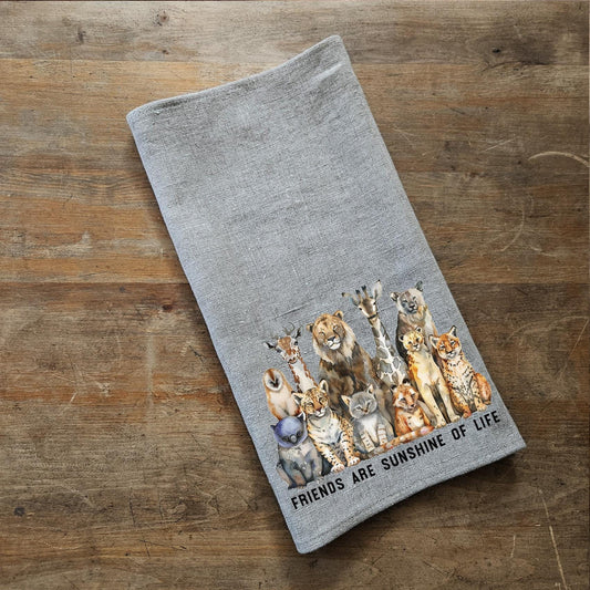Friendship Tea Towel in linen, Hand Towels Tea with Animals, Floor sack Dish Towel Kitchen Décor Tea Towel Festive season Christmas Friends