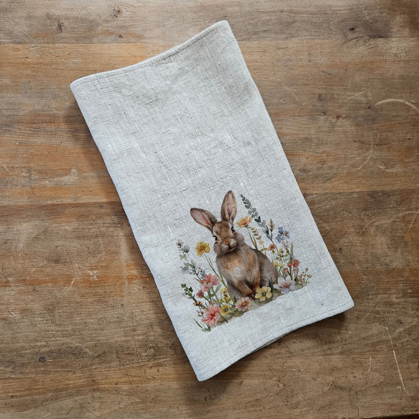Bunny Floral Tea Towel in linen - rabbit with four clover Hand Towels Tea - Farmhouse Floral Dish Towel - Easter Décor Kitchen Tea Towel