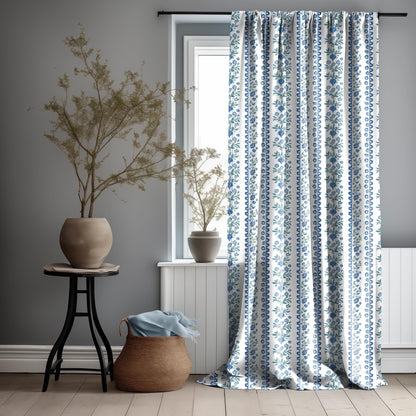 Curtains 100% Linen with floral stripe blue green white print PREWASHED - kitchen Living room farmhouse linen window panel herritage print