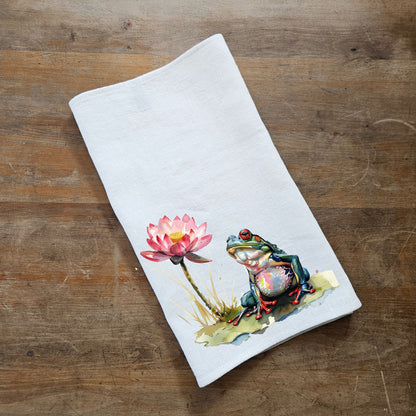 Lotus floral Tea Towel in linen, Botanical Hand Towels Tea in linen, pink flowers linen  Dish Towel  Kitchen Décor Tea Towel in linen