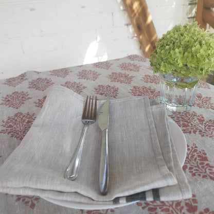 Linen foral tablecloth with red block print flowers, French Retro Vintage Vibe table cloth Bohemian Wildflower Pattern