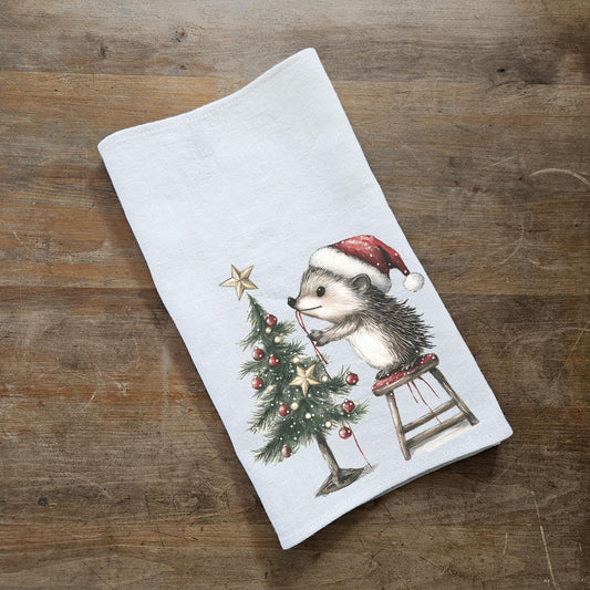 Christmas Tea Towel in linen, Christmas treen and hedgehog Hand Towels Tea in linen, artistic linen Dish  Kitchen Décor Tea Towel in linen