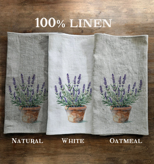 linen kitchen towel with lavender print