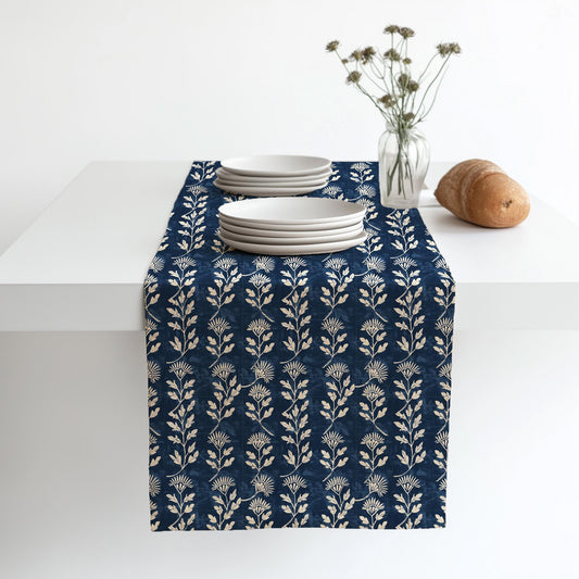 Indigo blue Linen runner - Japanese Hannes block print natural linen - indigo blue Rustic linen Marine Cottage farmhouse country style
