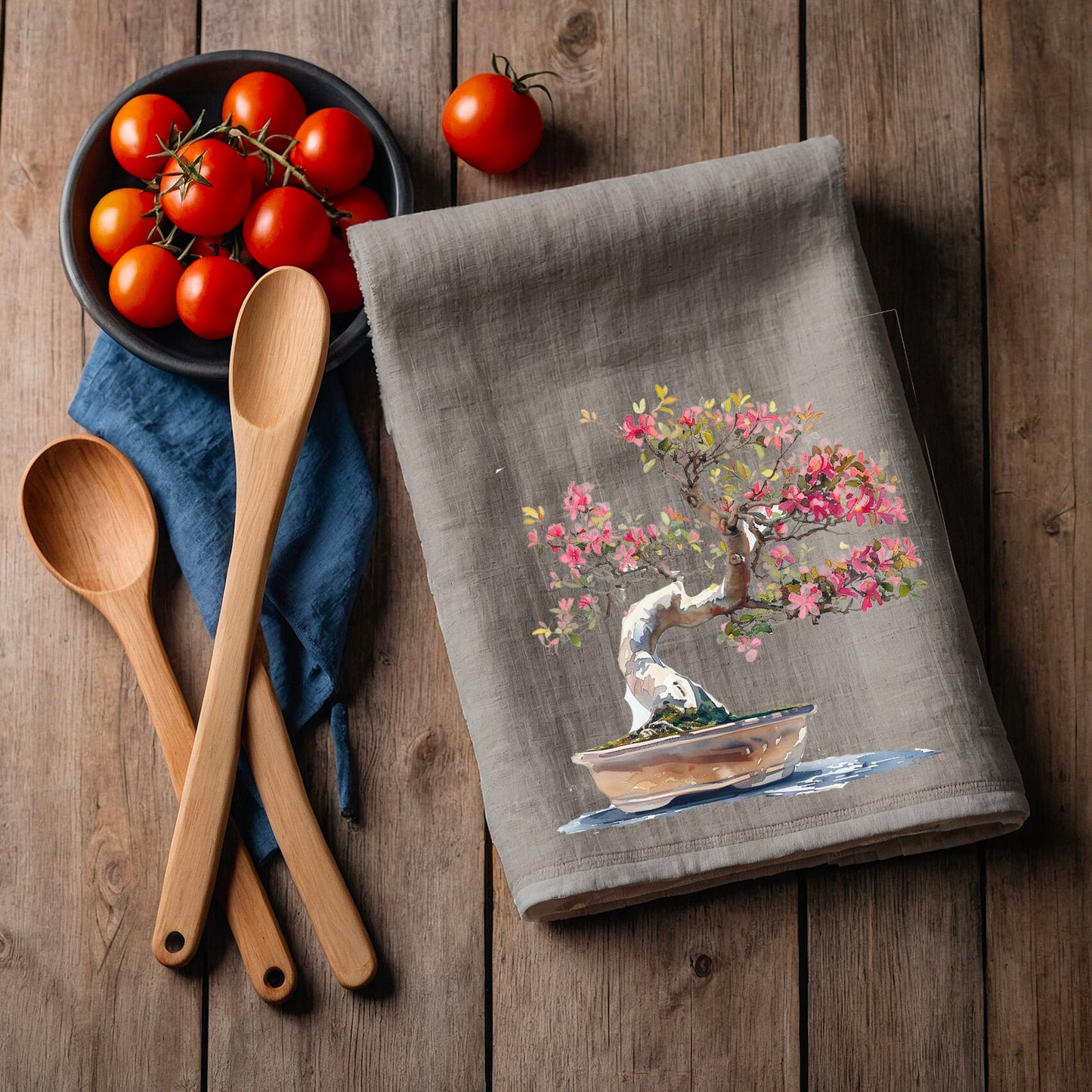 Japanese Tea Towel in linen Bonsai, Greenery white Hand Towels Tea, Farmhouse Dish Towel,  Kitchen Décor Tea Towel