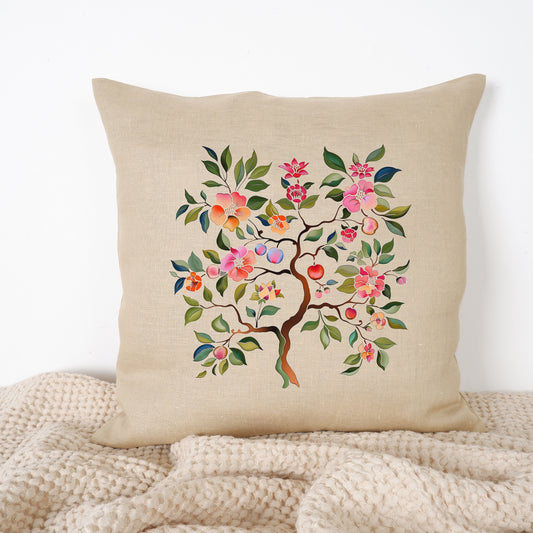 SALE LINEN Cushion cover Nordic folk art in beige, decorative linen pillow cover , Floral Summer Woodland Cushion Housewarming Gift