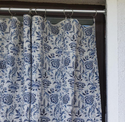Curtains 100% Linen blue floral PREWASHED. kitchen Living room farmhouse curtains. Grain Sack flax Bedroom window panel in linen