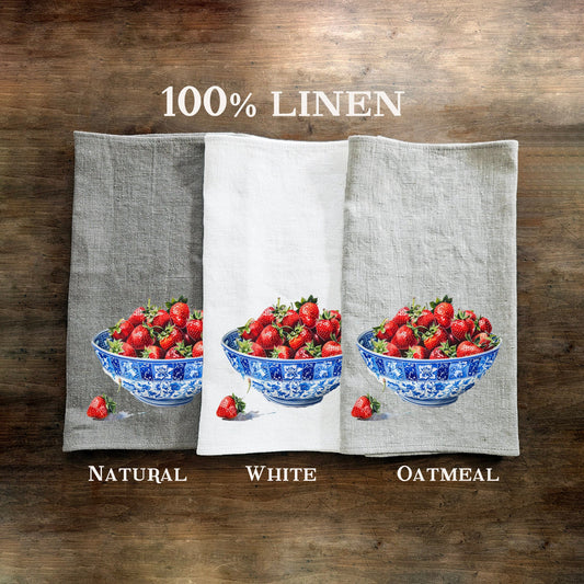 Strawberry bowl Tea Towel in linen, Chinoise bowl Hand Towels Tea in linen, berry linen Dish Towel, Holiday Kitchen Décor Tea Towel in linen