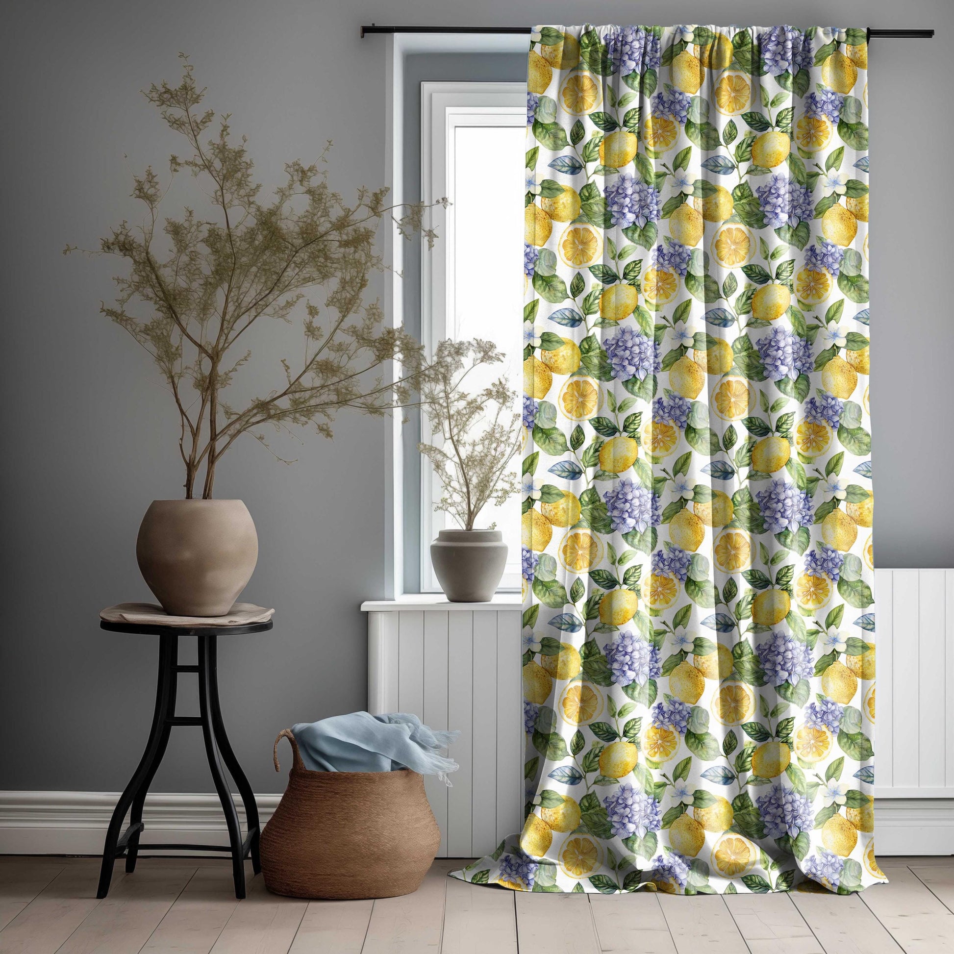 Floral Curtain Panel Lemon and Hydragena, Floral Botanical Print Curtains Panels in custom size, Botanical Curtains for living room