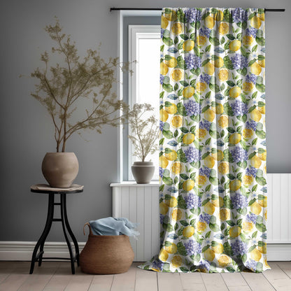 Floral Curtain Panel Lemon and Hydragena, Floral Botanical Print Curtains Panels in custom size, Botanical Curtains for living room