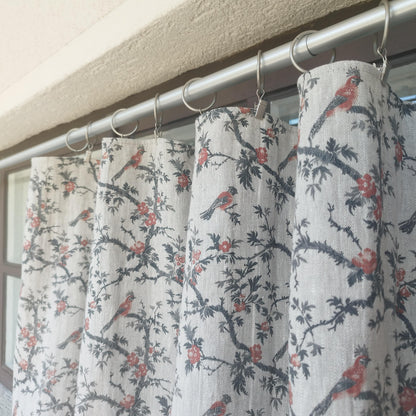 Curtains 100% Linen with botanical red black toile de jouy print PREWASHED. kitchen Living room farmhouse linen window panel