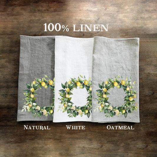 Kökshandduk med citronträd i linne, botaniska handdukar i linne, diskhandduk med citrusmotiv i linne