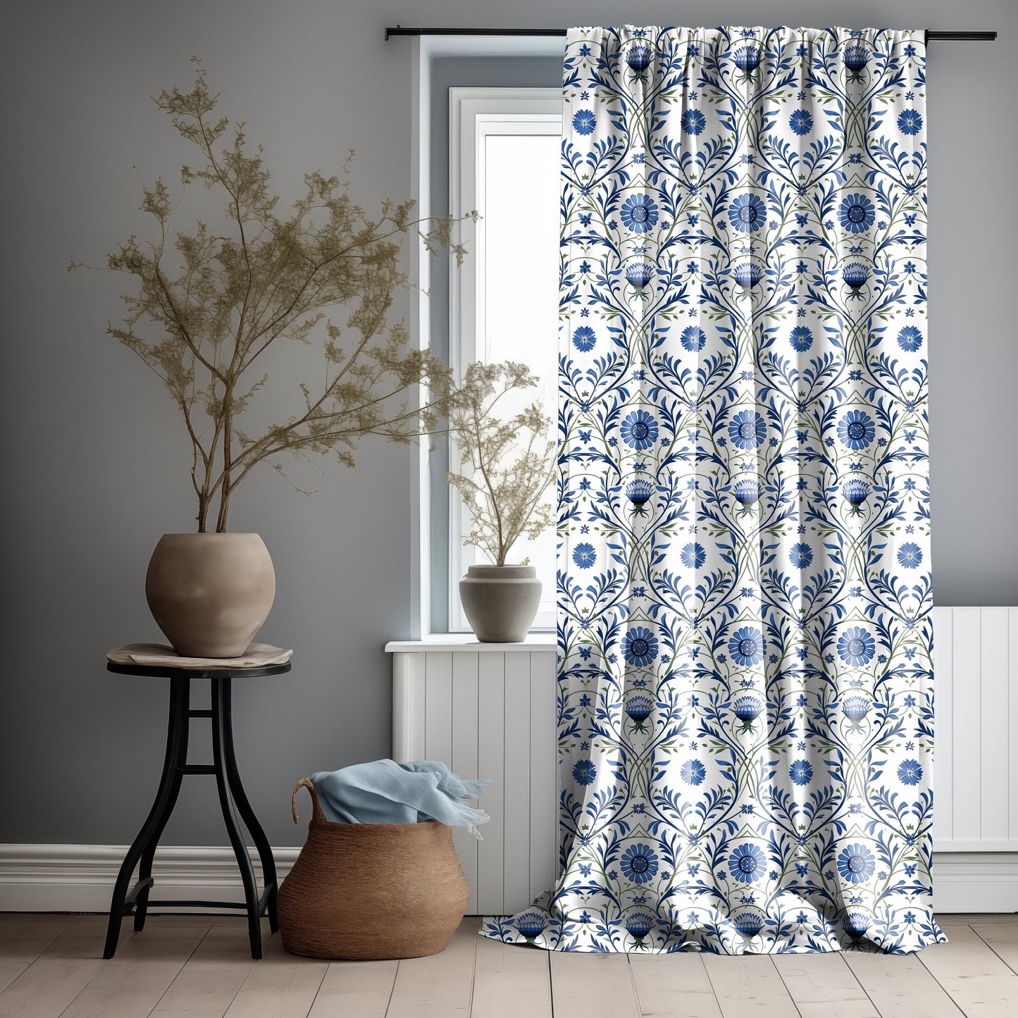 French linen Curtain Panels with blue floral print, Curtains for living room or bedroom