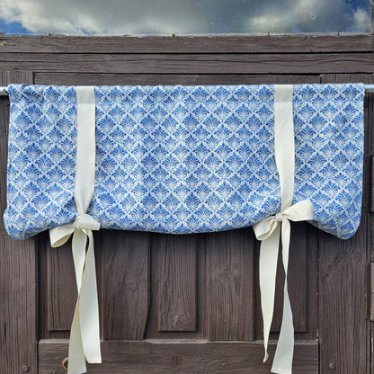Linen curtains valance with tie up Blue white block print -  Nautical farmhouse kitchen door curtains  in custom size with print