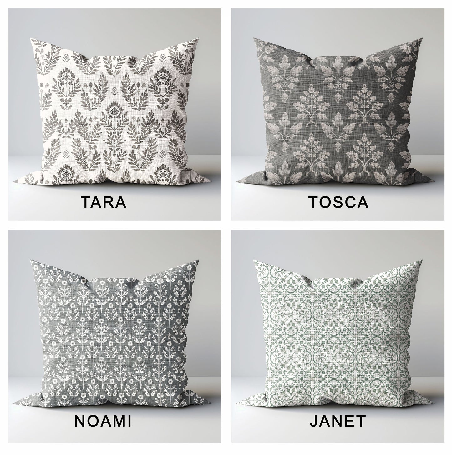 Modern grey linen Floral Pillow Cover, neutral Boho Pillow block print on linen, Coutrynome block printed pillow case in European flax