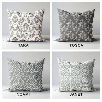 Modern grey linen Floral Pillow Cover, neutral Boho Pillow block print on linen, Coutrynome block printed pillow case in European flax