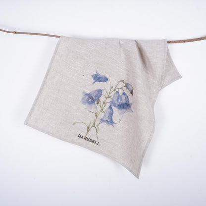 Harebell Tea Towel in linen, floral Hand Towels Tea, botanical Floral Dish Towel, purple flower Kitchen Décor Tea Towel