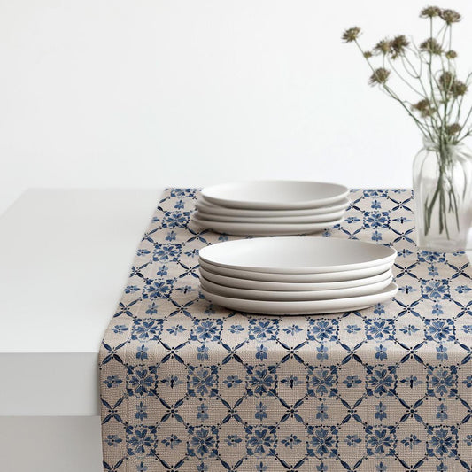 Coastal Linen runner - Swedish tile block print natural linen - indigo blue Rustic linen Marine Cottage farmhouse country style