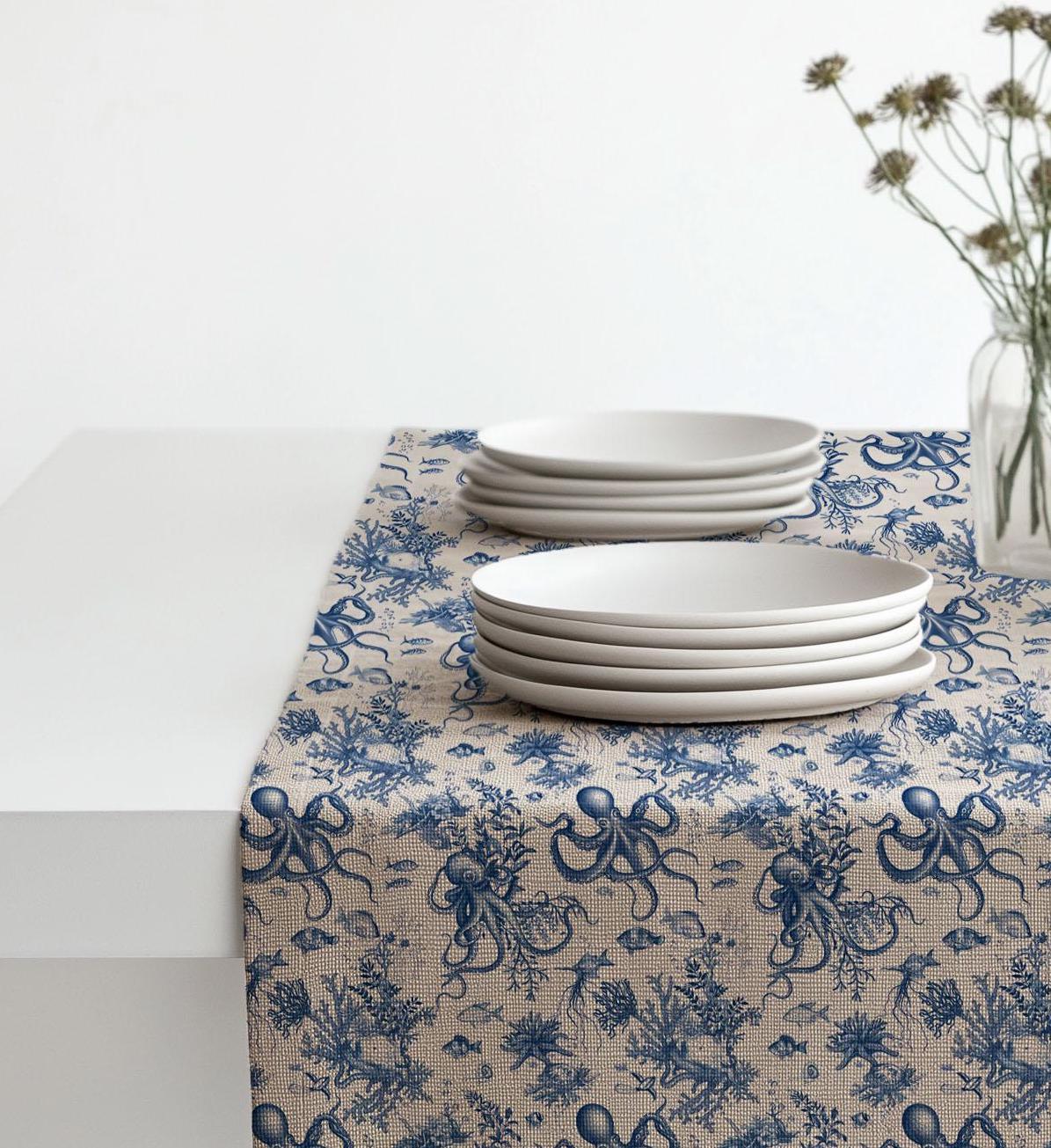 Coastal Linen runner - Octopus block print natural linen - indigo blue Rustic linen Marine Cottage farmhouse country style Stonewashed linen