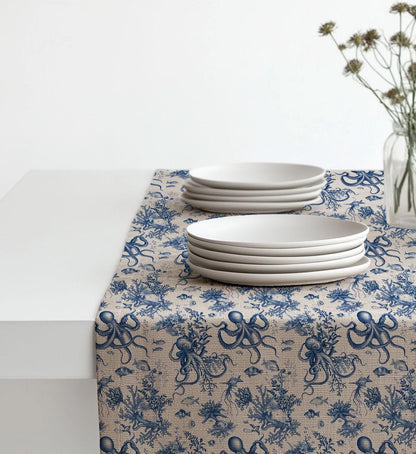 Coastal Linen runner - Octopus block print natural linen - indigo blue Rustic linen Marine Cottage farmhouse country style Stonewashed linen