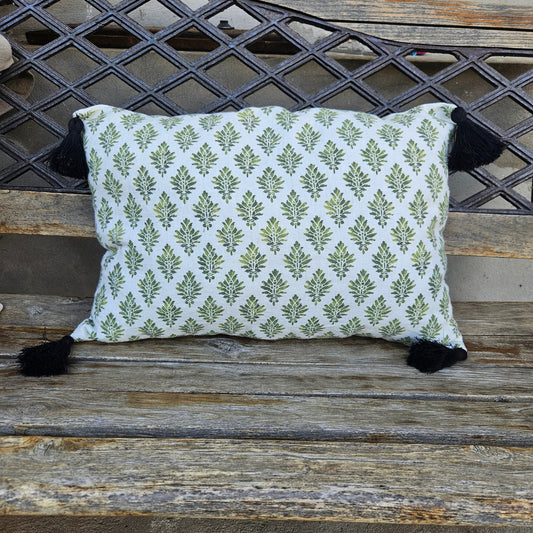 cushion with tassel Designer Olive Green Floral on Linen Pillow Cover, Dark Green Boho Pillow, Farmhouse Floral Block printed pillow