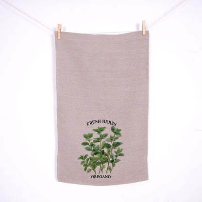Oregano kökshandduk i linne - Franska lantliga handdukar - Diskhandduk med lantlig blommig design - grönska färska örter Köksinredning