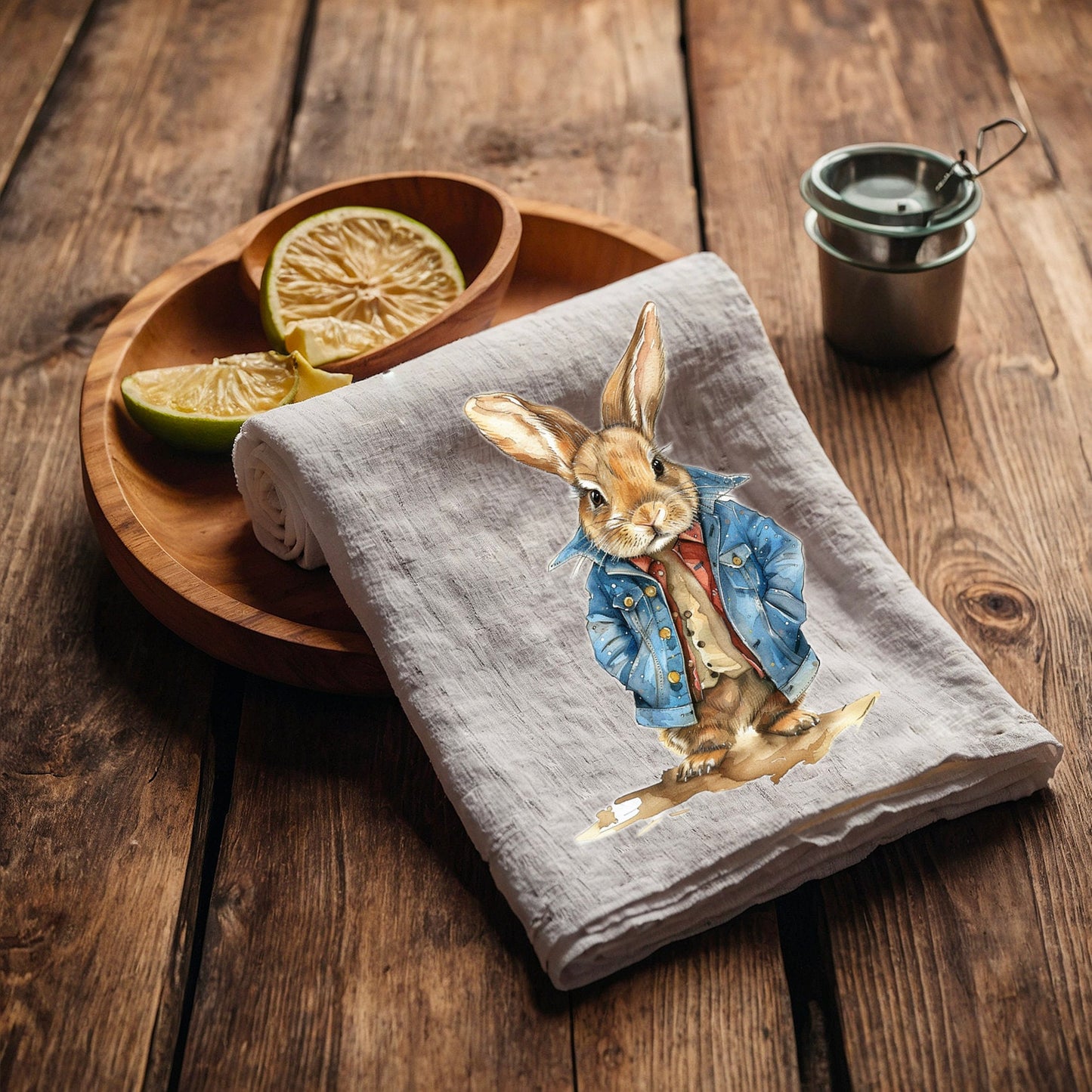 Bunny Tea Towel in linen, Rabbit Hand Towels Tea, Eastern Dish Towel, Holiday Kitchen Décor Tea Towel