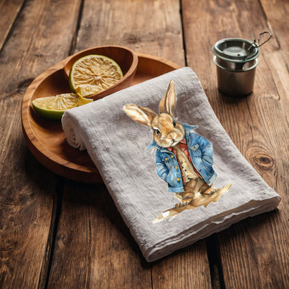 Bunny Tea Towel in linen, Rabbit Hand Towels Tea, Eastern Dish Towel, Holiday Kitchen Décor Tea Towel