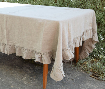 100% Linen tablecloth with RUFFLES - PREWASHED French cloth rustic country style - Farmhouse Shabby chic table decor - striped tanned white