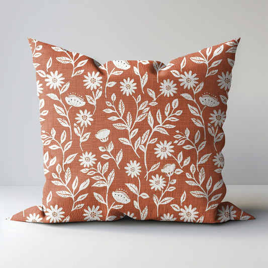Modern rust linen Floral Pillow Cover, white rust Boho Pillow block print on linen, Coutrynome block printed pillow case in European flax