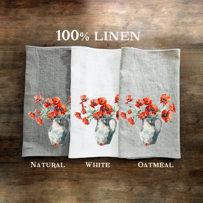 Poppy Tea Towel in linen, floral Hand Towels Tea, botanical Floral Dish Towel, red flower Floral Kitchen Décor Tea Towel
