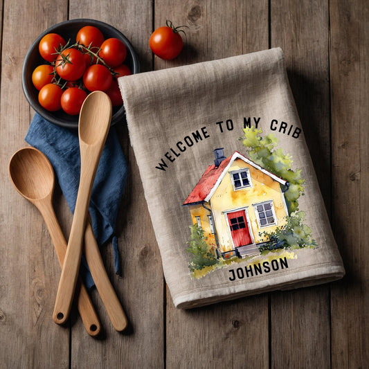welcome Tea Towel in linen, Crib house white Hand Towels Tea, Farmhouse Dish Towel,  Kitchen Décor Tea Towel