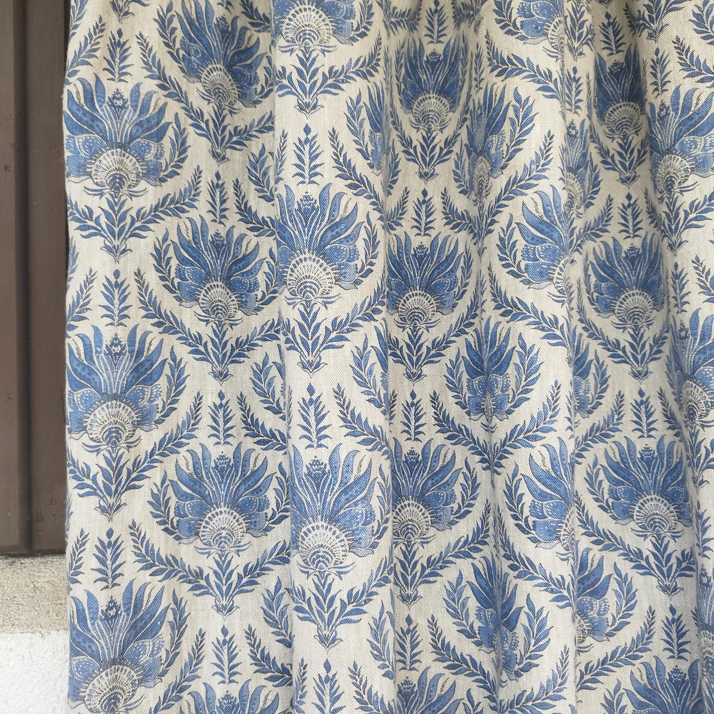 Curtains 100% Linen with French block print blue pattern PREWASHED. kitchen Living room farmhouse window panel in french linen