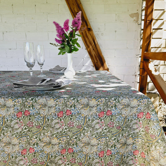 Linen foral tablecloth with birds, william Morris golden lily tablecloth, arts and crafts movement tablecloth Victorian style golden lilly