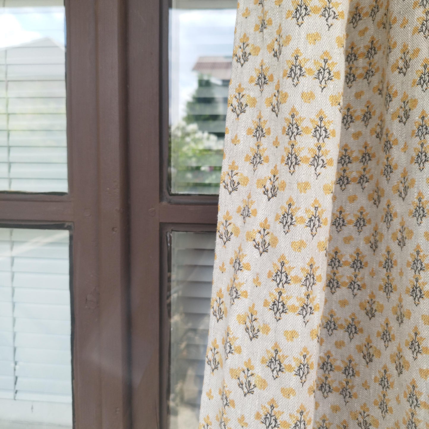 Curtains 100% Linen with indian block print yellow pattern PREWASHED. kitchen Living room farmhouse linen window panel
