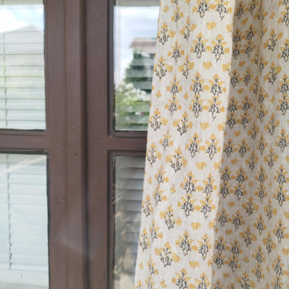 Curtains 100% Linen with indian block print yellow pattern PREWASHED. kitchen Living room farmhouse linen window panel