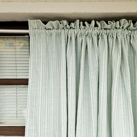 Curtains 100% Linen with French striped block print green pattern PREWASHED - kitchen Living room farmhouse window panel french linen